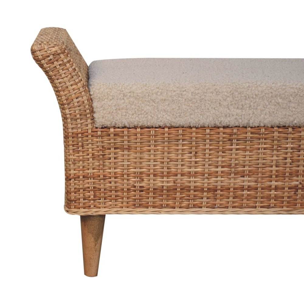 40" Cream and Brown Boucle Rattan and Solid Wood Upholstered Bench