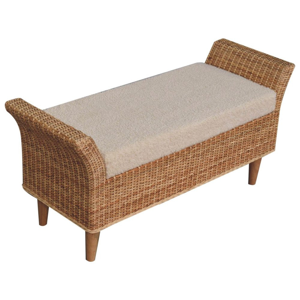40" Cream And Brown Boucle Rattan And Solid Wood Upholstered Bench