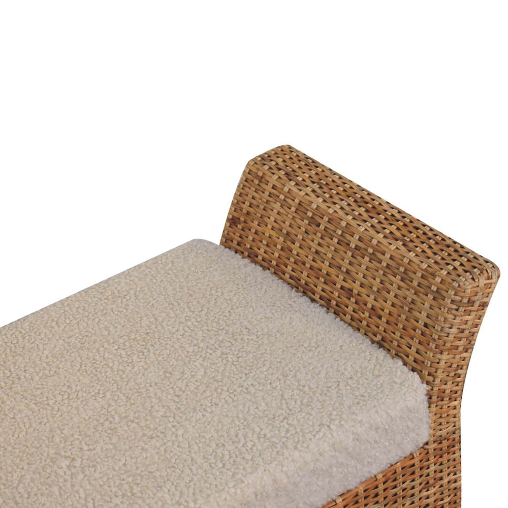 40" Cream and Brown Boucle Rattan and Solid Wood Upholstered Bench
