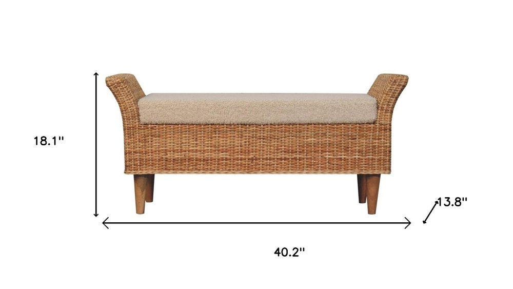 40" Cream and Brown Boucle Rattan and Solid Wood Upholstered Bench