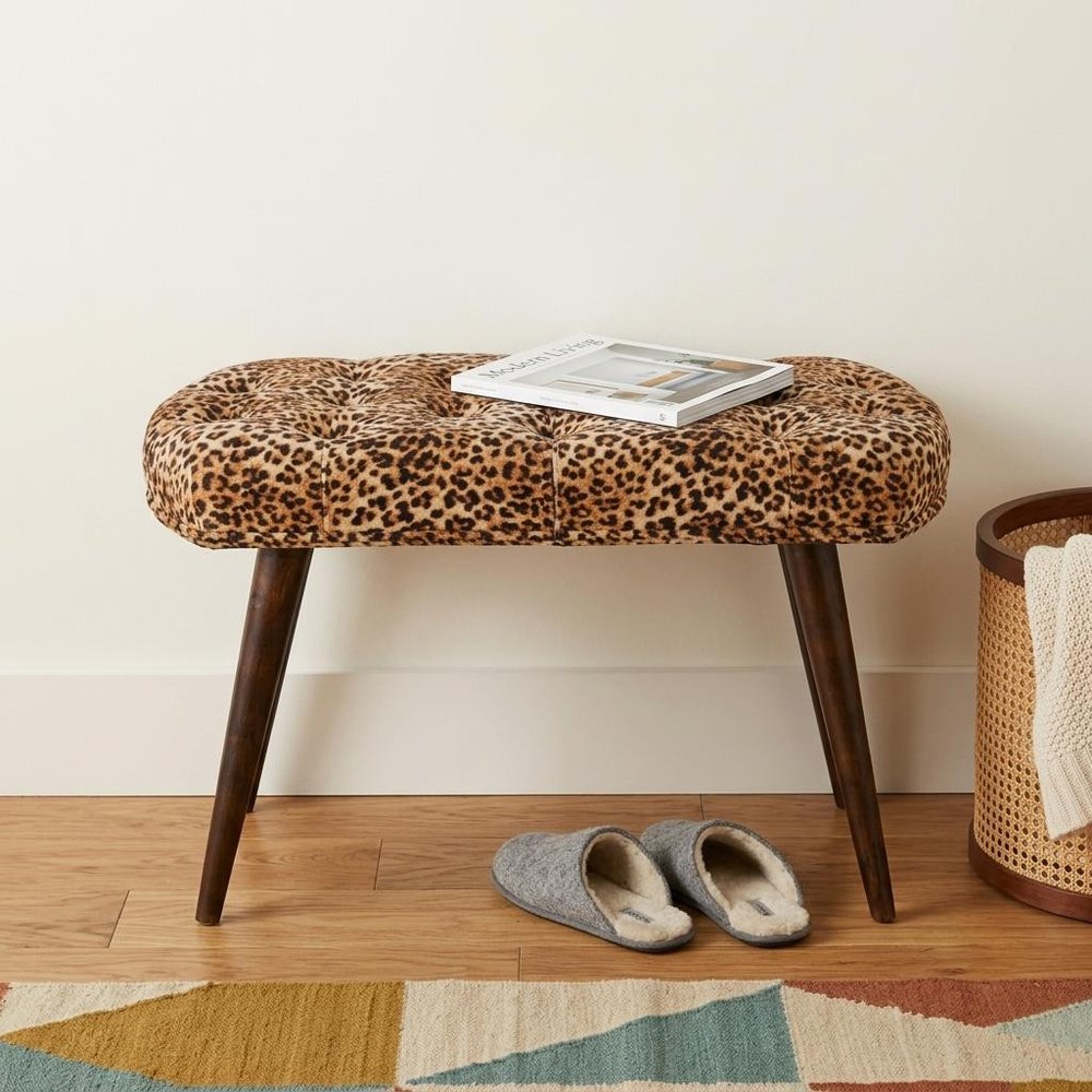 31" Brown Tan and Walnut Tufted Animal Print Velvet and Solid Wood Upholstered Bench