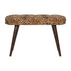 31" Brown Tan and Walnut Tufted Animal Print Velvet and Solid Wood Upholstered Bench