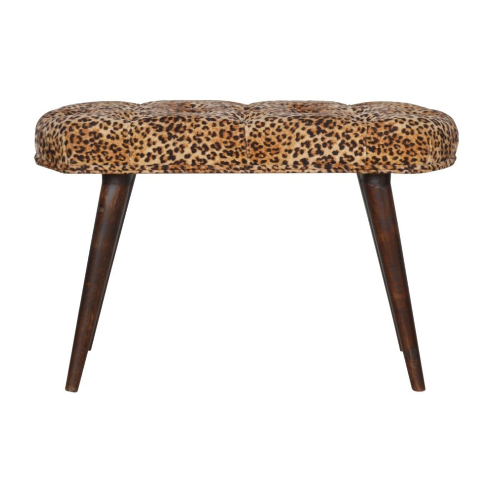 31" Brown Tan and Walnut Tufted Animal Print Velvet and Solid Wood Upholstered Bench