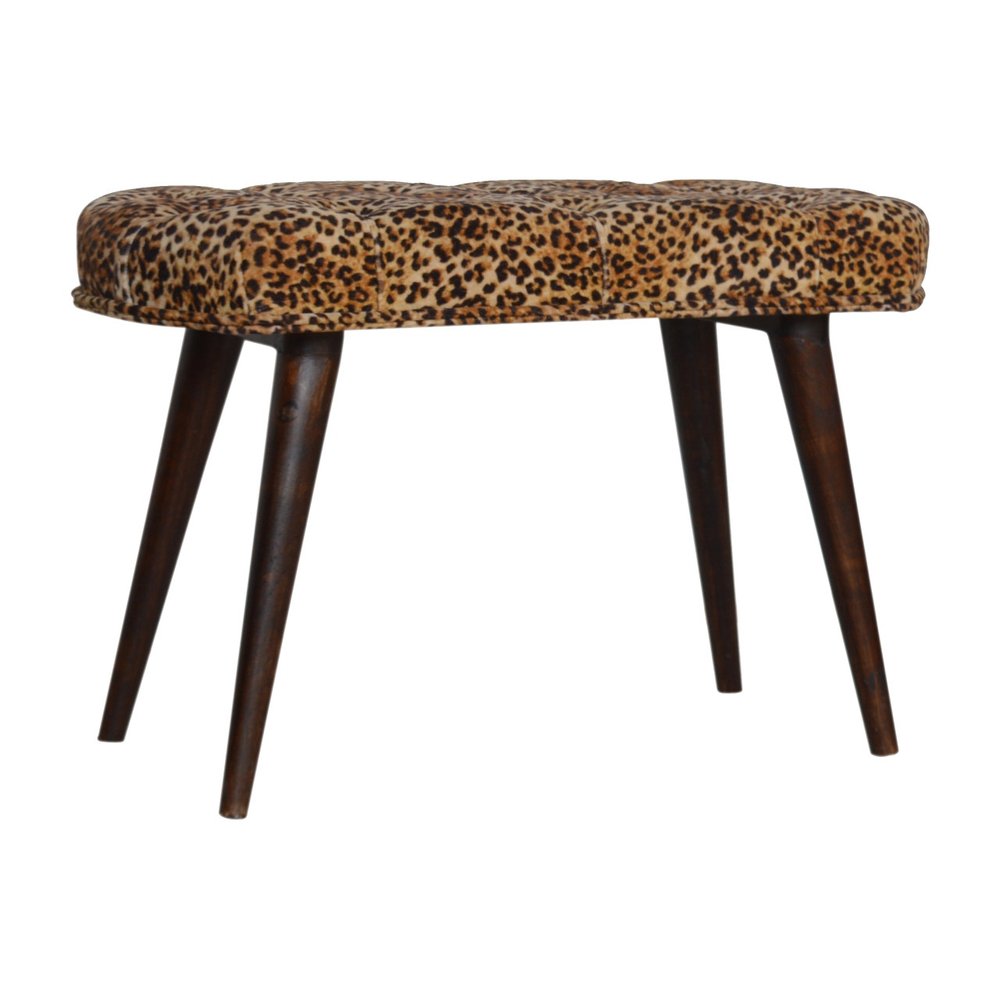31" Brown Tan and Walnut Tufted Animal Print Velvet and Solid Wood Upholstered Bench