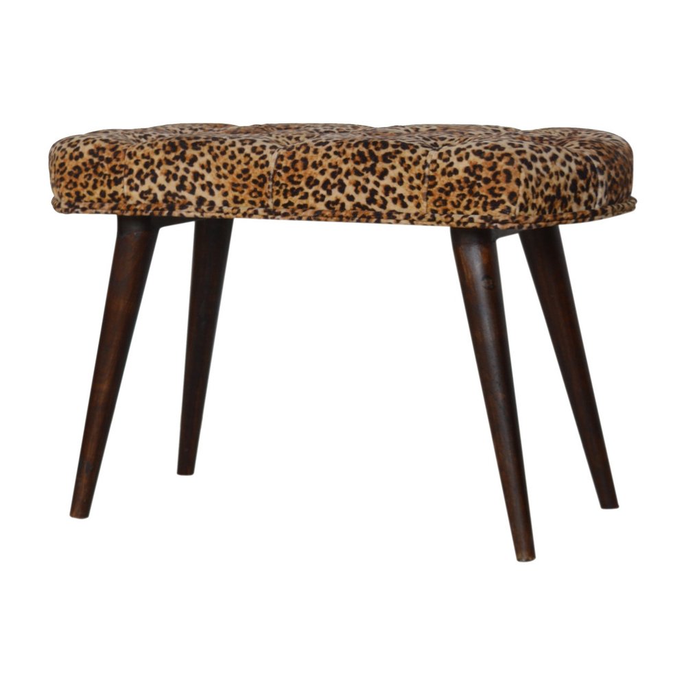 31" Brown Tan and Walnut Tufted Animal Print Velvet and Solid Wood Upholstered Bench