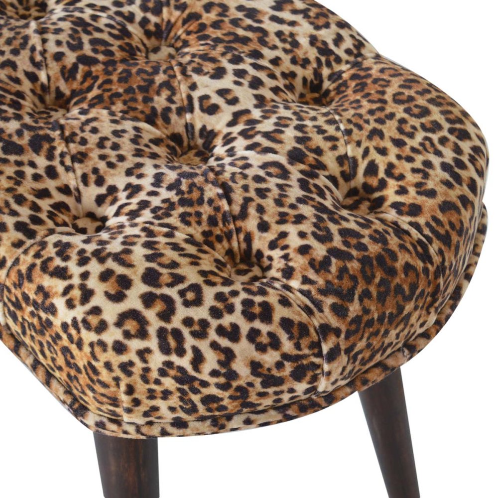 31" Brown Tan And Walnut Tufted Animal Print Velvet And Solid Wood Upholstered Bench