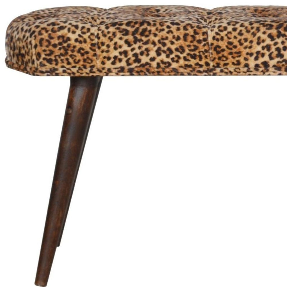 31" Brown Tan and Walnut Tufted Animal Print Velvet and Solid Wood Upholstered Bench