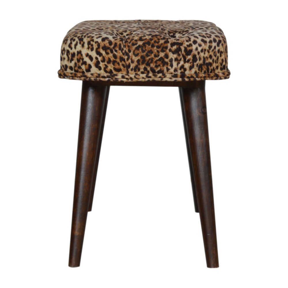 31" Brown Tan and Walnut Tufted Animal Print Velvet and Solid Wood Upholstered Bench