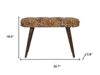 31" Brown Tan and Walnut Tufted Animal Print Velvet and Solid Wood Upholstered Bench
