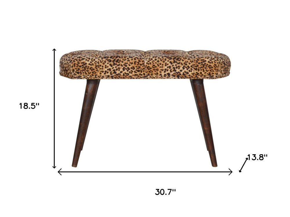 31" Brown Tan and Walnut Tufted Animal Print Velvet and Solid Wood Upholstered Bench