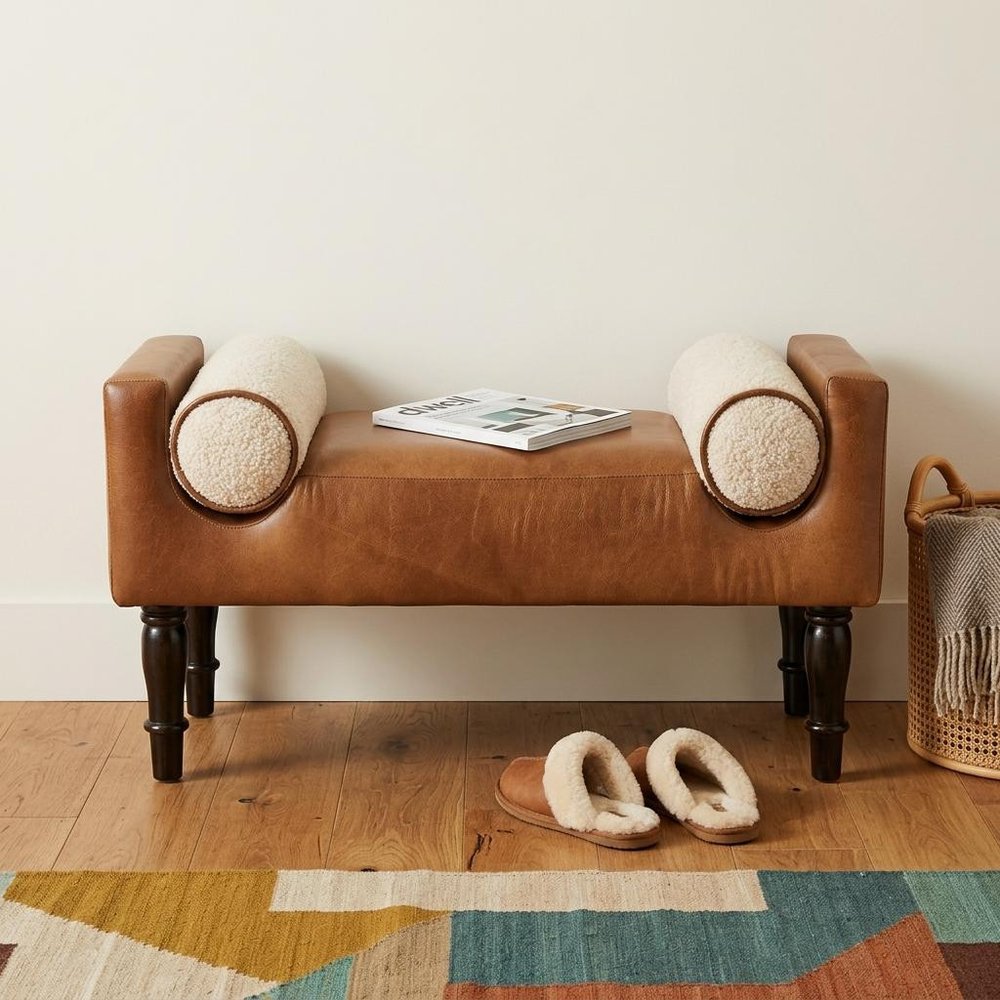 36" Brown And Walnut Genuine Leather And Solid Wood Upholstered Bench