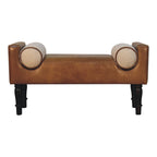 36" Brown and Walnut Genuine Leather and Solid Wood Upholstered Bench