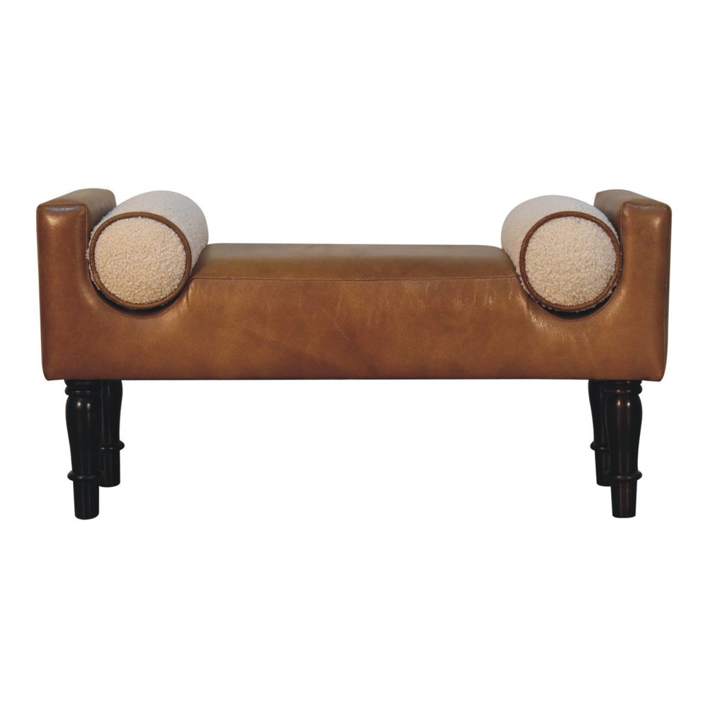 36" Brown and Walnut Genuine Leather and Solid Wood Upholstered Bench