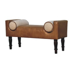 36" Brown and Walnut Genuine Leather and Solid Wood Upholstered Bench