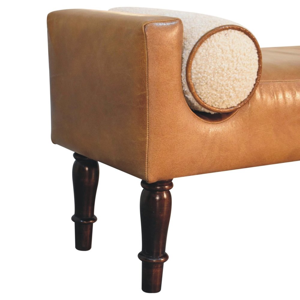 36" Brown and Walnut Genuine Leather and Solid Wood Upholstered Bench
