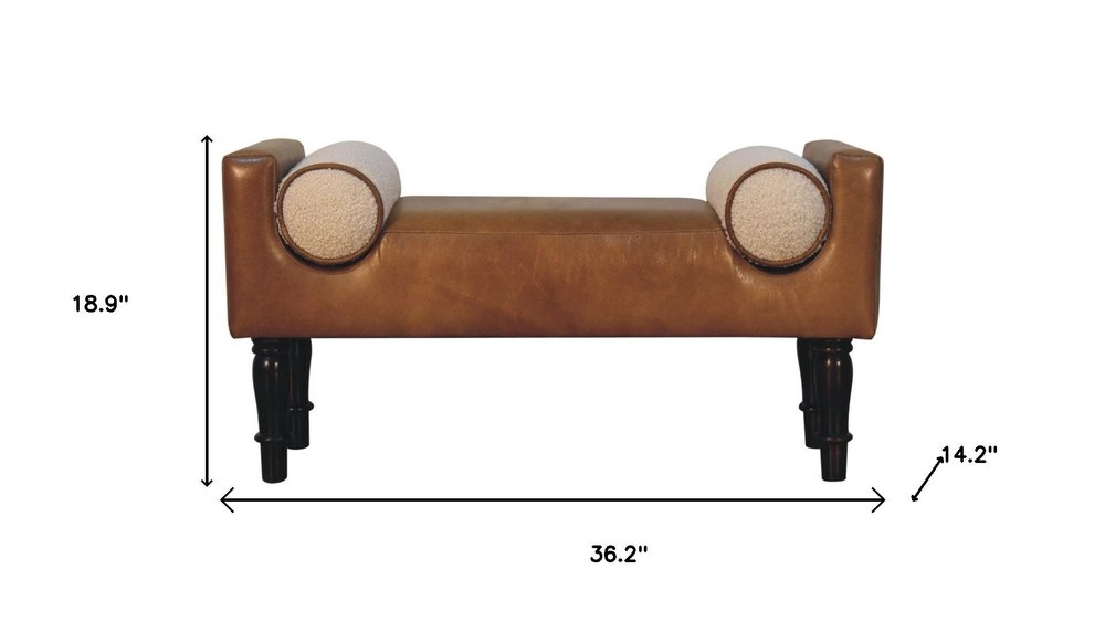 36" Brown and Walnut Genuine Leather and Solid Wood Upholstered Bench