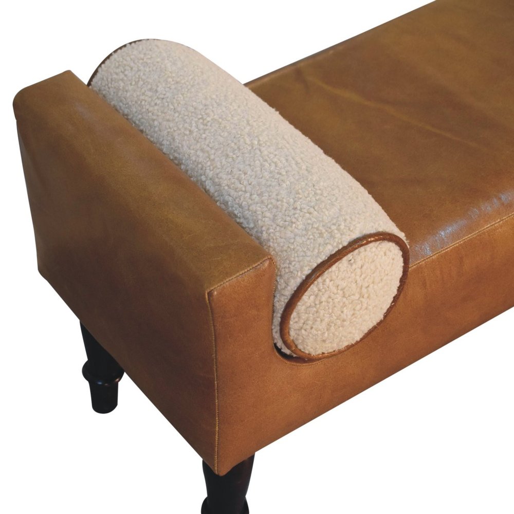 36" Brown And Walnut Genuine Leather And Solid Wood Upholstered Bench