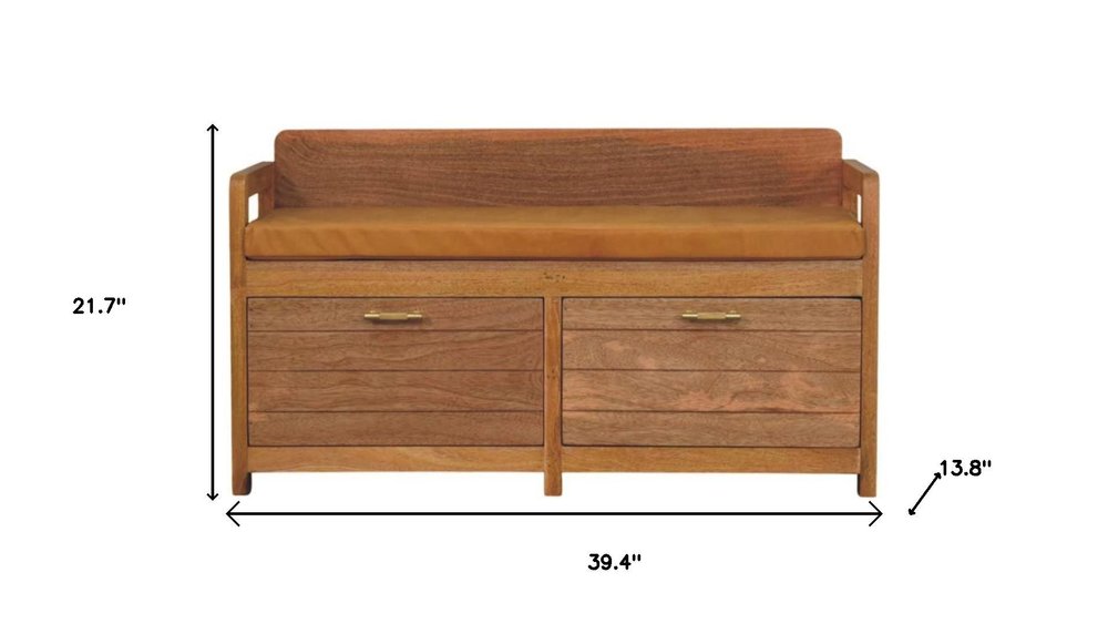 39" Tan and Oak Genuine Leather and Solid Wood Upholstered Storage Bench With Drawers