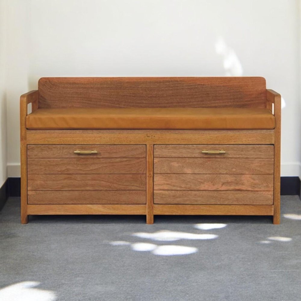 39" Tan and Oak Genuine Leather and Solid Wood Upholstered Storage Bench With Drawers