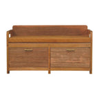 39" Tan and Oak Genuine Leather and Solid Wood Upholstered Storage Bench With Drawers