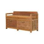 39" Tan and Oak Genuine Leather and Solid Wood Upholstered Storage Bench With Drawers