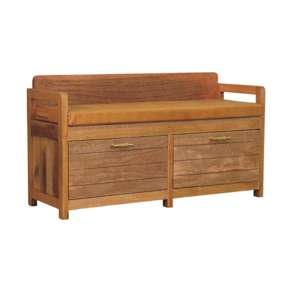 39" Tan and Oak Genuine Leather and Solid Wood Upholstered Storage Bench With Drawers