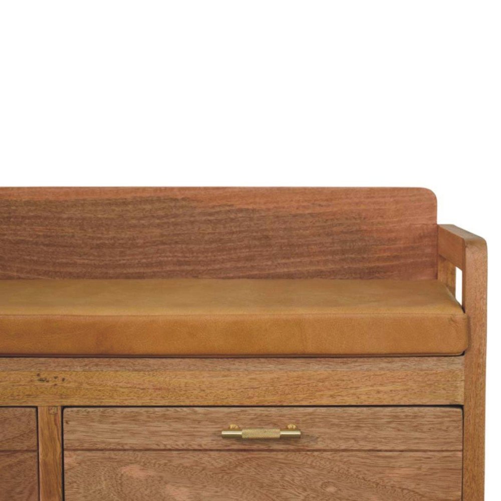 39" Tan and Oak Genuine Leather and Solid Wood Upholstered Storage Bench With Drawers