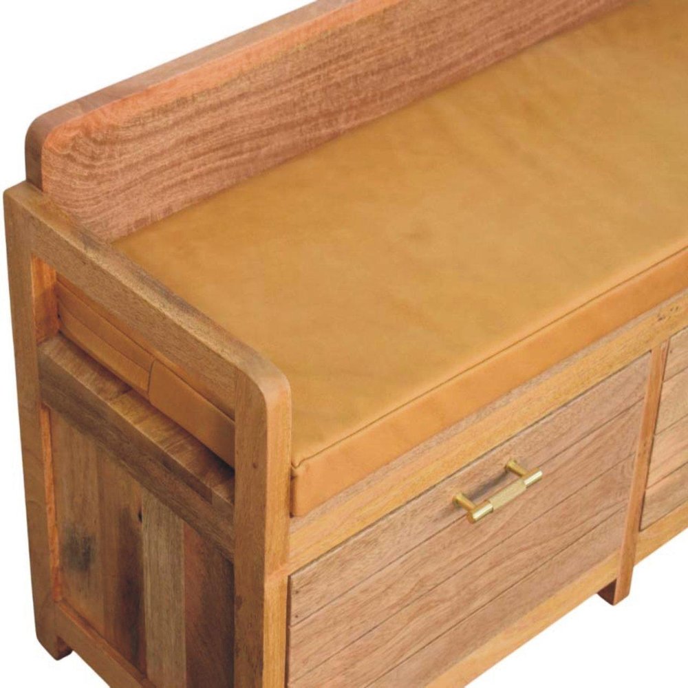 39" Tan and Oak Genuine Leather and Solid Wood Upholstered Storage Bench With Drawers