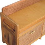 39" Tan and Oak Genuine Leather and Solid Wood Upholstered Storage Bench With Drawers