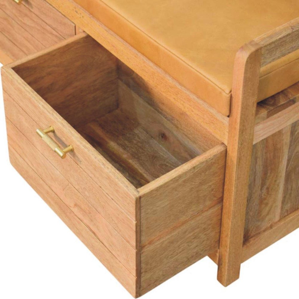 39" Tan and Oak Genuine Leather and Solid Wood Upholstered Storage Bench With Drawers