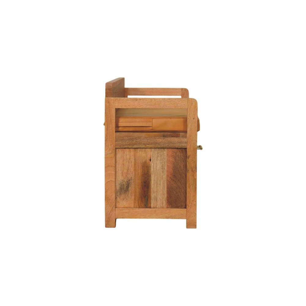 39" Tan and Oak Genuine Leather and Solid Wood Upholstered Storage Bench With Drawers