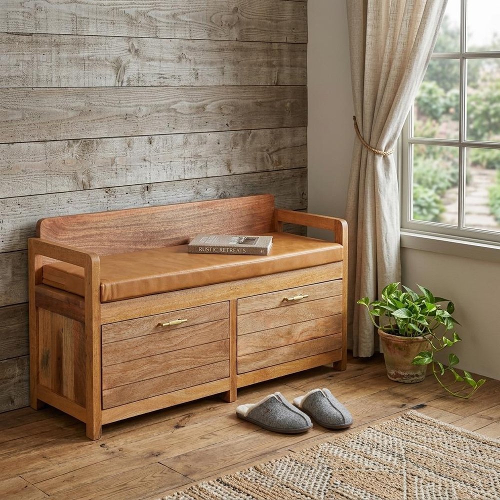 39" Tan and Oak Genuine Leather and Solid Wood Upholstered Storage Bench With Drawers