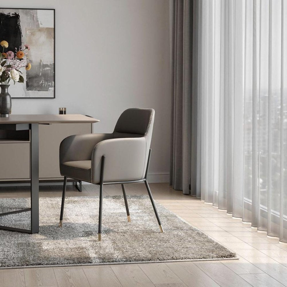 Dark Gray And Black Faux Leather And Steel Dining Arm Chair
