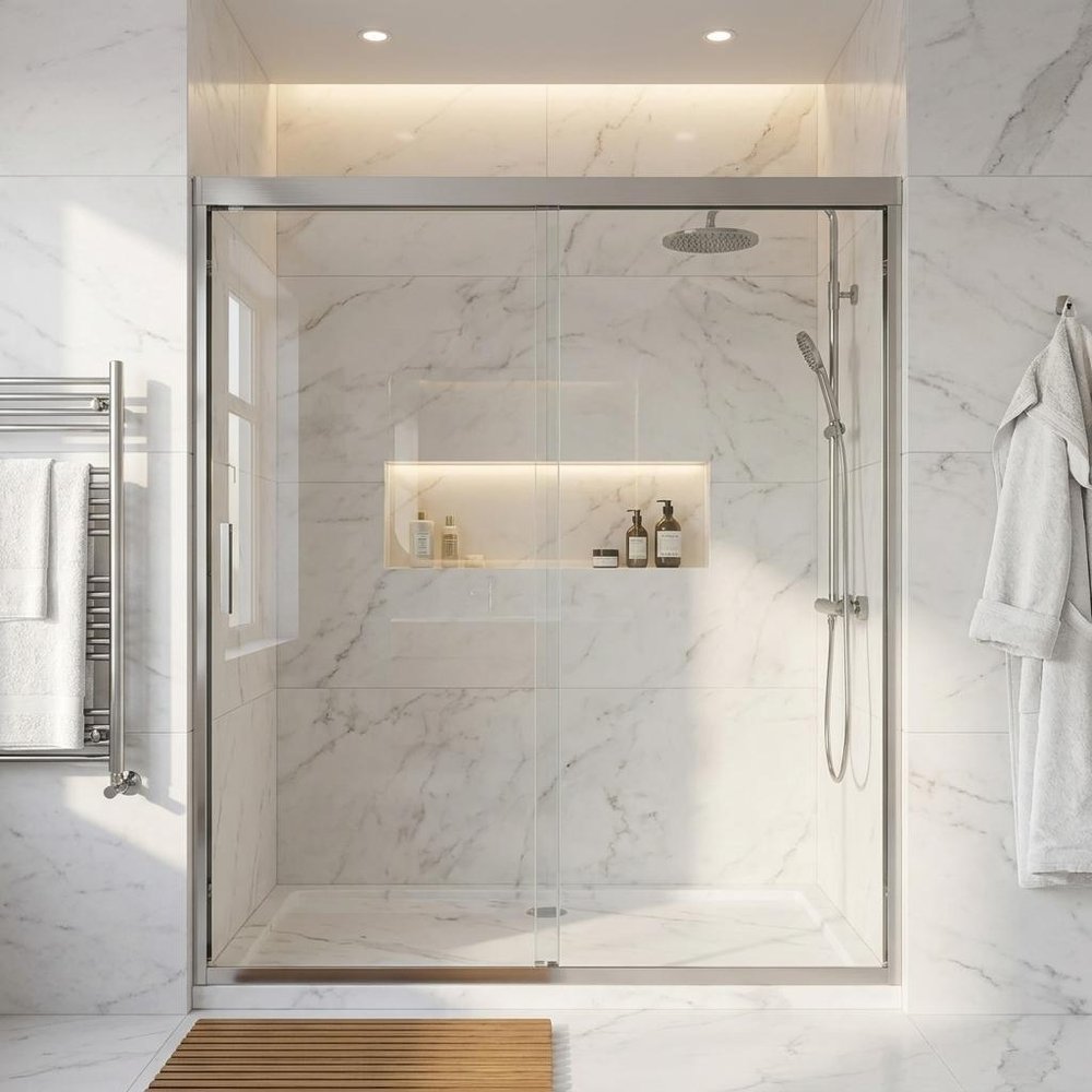 Set Of Two Aluminum And Tempered Glass Shower Doors
