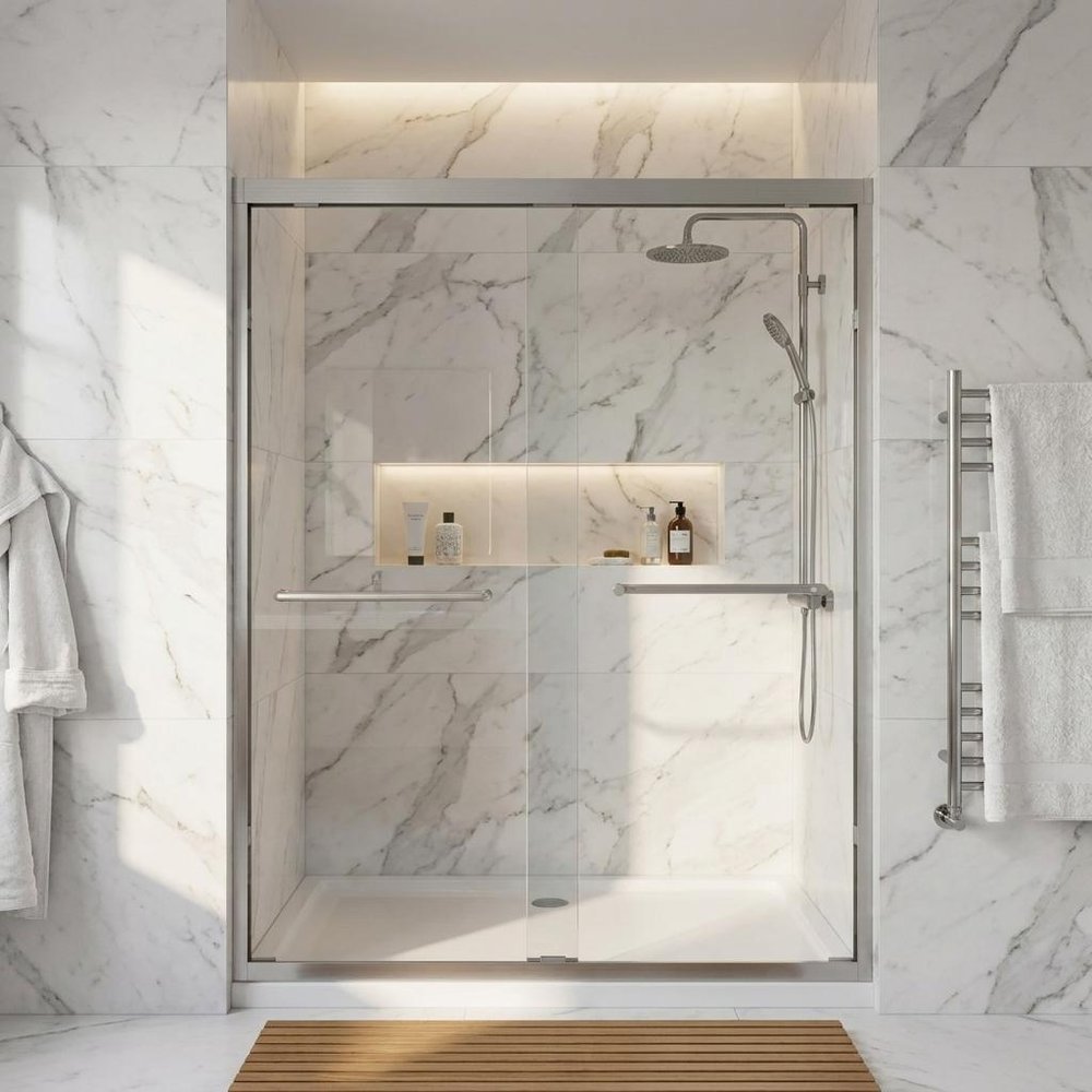 Set Of Two Aluminum And Tempered Glass Shower Doors