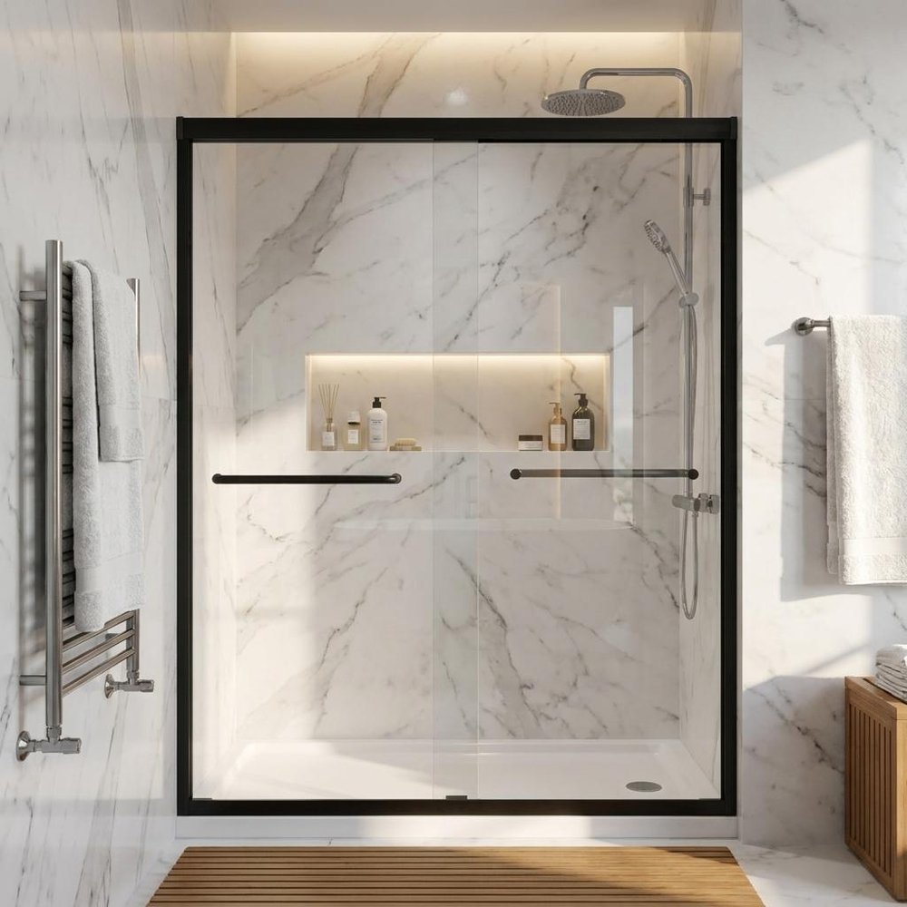 Set Of Two Aluminum And Tempered Glass Shower Doors