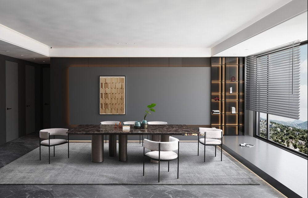 108" Brown And Black Marble And Stainless Steel Dining Table