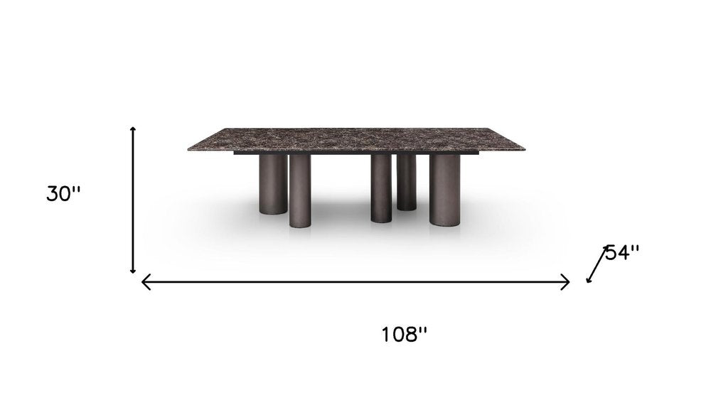 108" Brown And Black Marble And Stainless Steel Dining Table