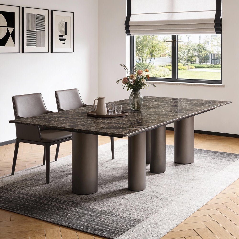108" Brown And Black Marble And Stainless Steel Dining Table