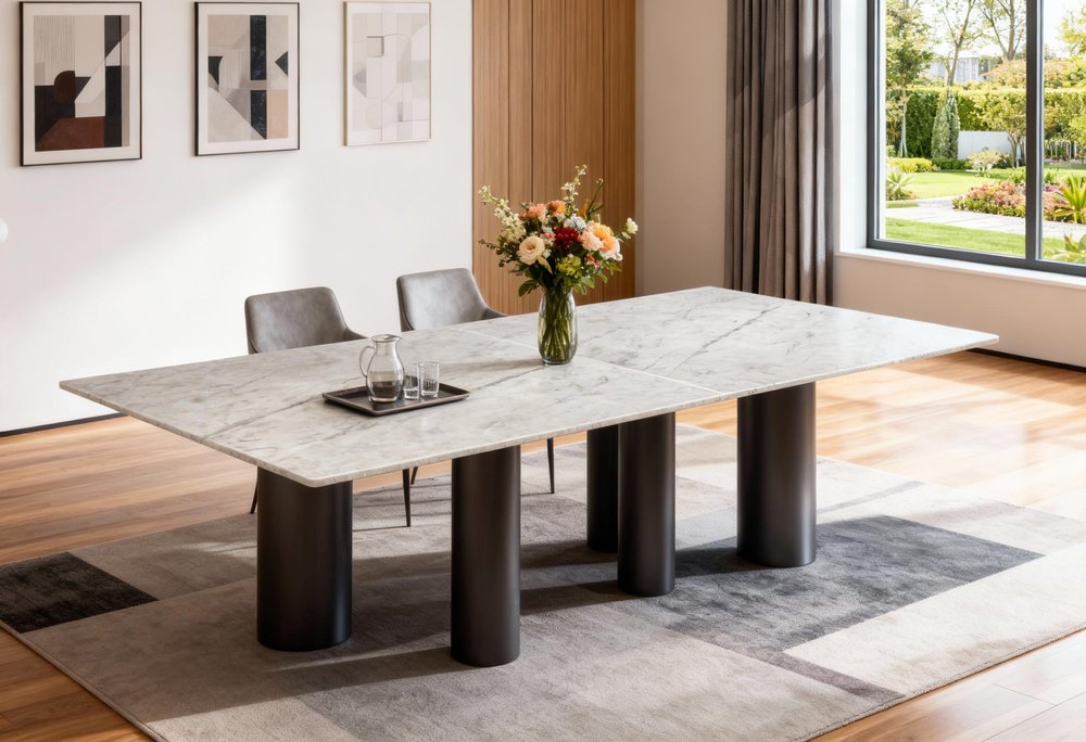 108" Brown And Black Marble And Stainless Steel Dining Table