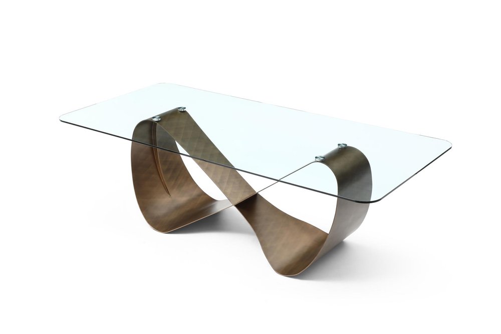 94" Black Glass and Brass Double Geo Pedestal Base Dining Table