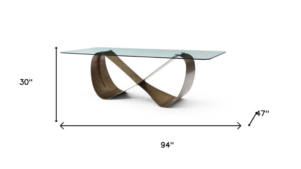 94" Black Glass and Brass Double Geo Pedestal Base Dining Table