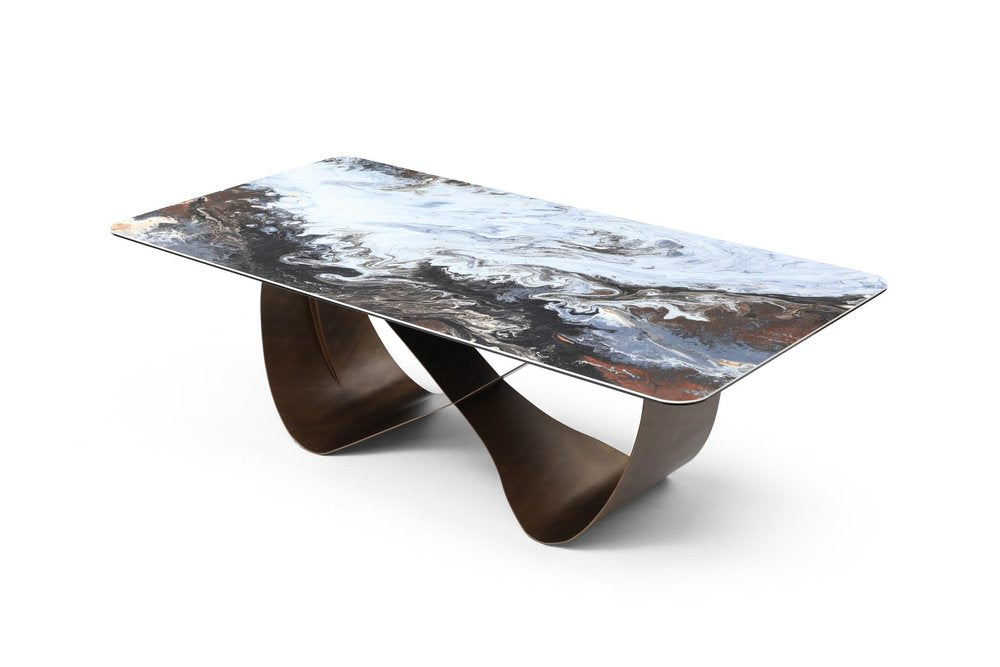 94" Black Glass and Brass Double Geo Pedestal Base Dining Table