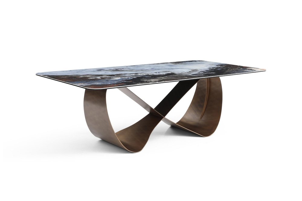 94" Black Glass and Brass Double Geo Pedestal Base Dining Table