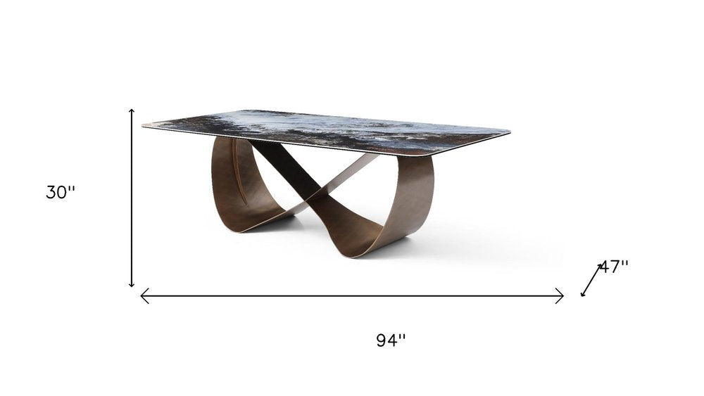 94" Black Glass and Brass Double Geo Pedestal Base Dining Table