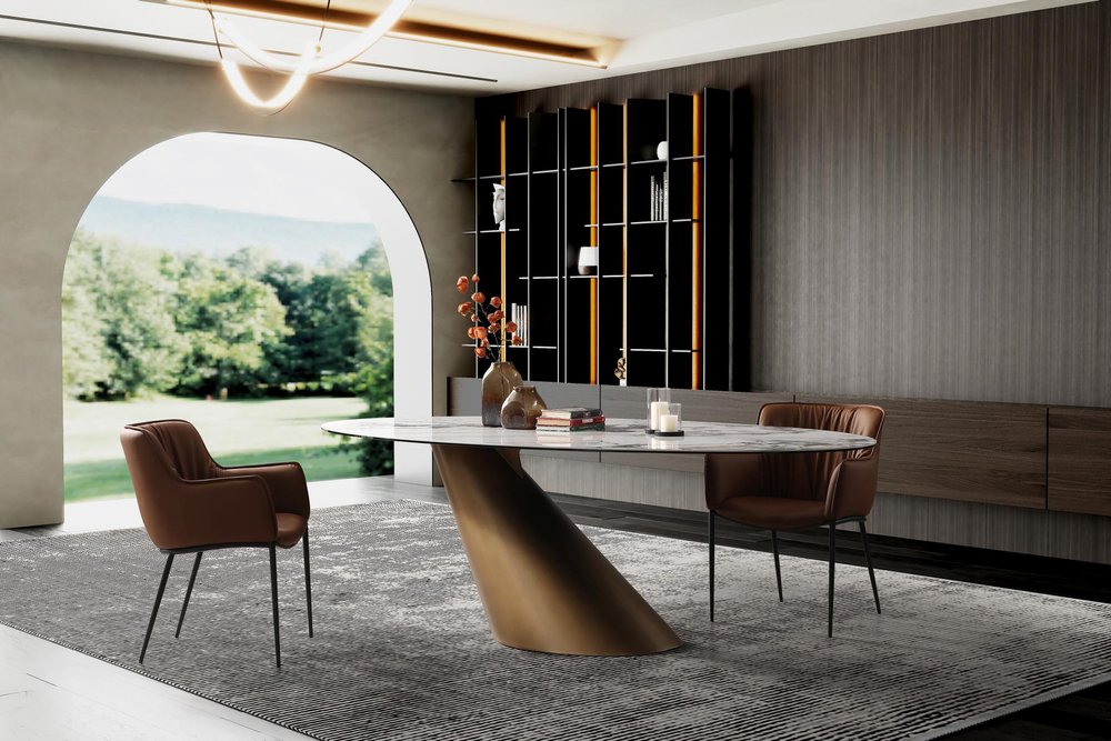 94" Gold Gray White And Bronze Ceramic Glass And Steel Pedestal Base Oval Dining Table