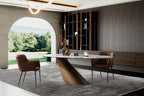 94" Gold Gray White And Bronze Ceramic Glass And Steel Pedestal Base Oval Dining Table