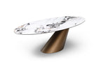 94" Gold Gray White And Bronze Ceramic Glass And Steel Pedestal Base Oval Dining Table