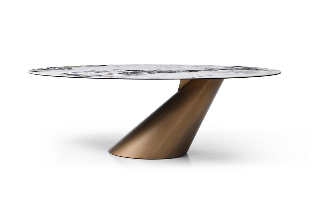 94" Gold Gray White And Bronze Ceramic Glass And Steel Pedestal Base Oval Dining Table