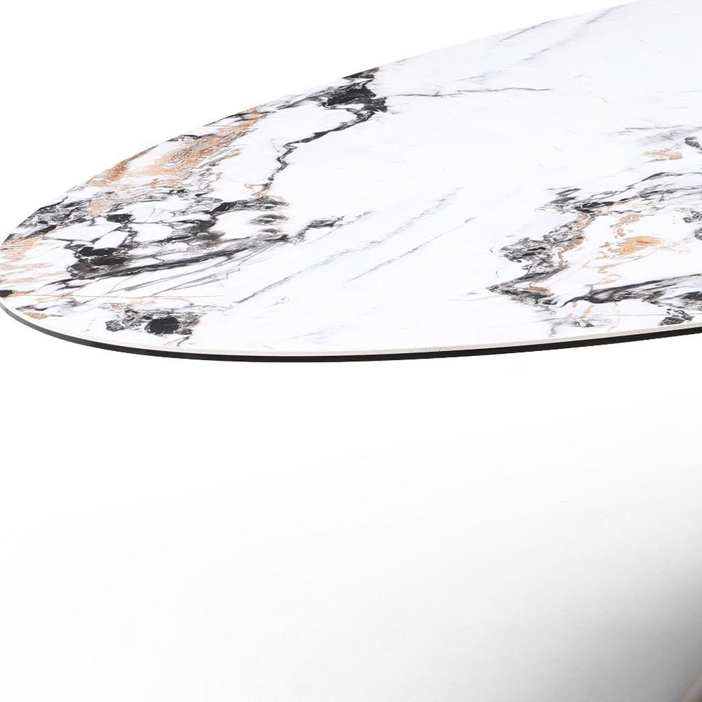 94" Gold Gray White And Bronze Ceramic Glass And Steel Pedestal Base Oval Dining Table